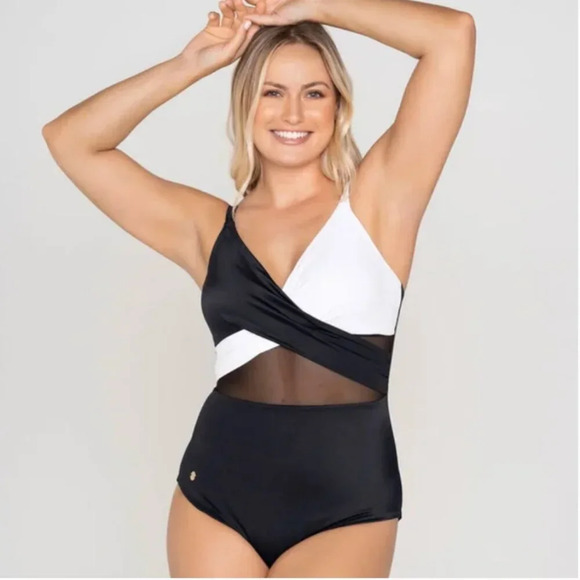 Leonisa Cross-Front Contrast Graphic One-Piece Slimming Swimsuit Black NWOT XL - Picture 2 of 11